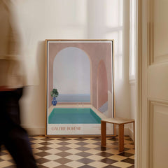 Galerie Bohème Moroccan Pool Ocean Archway Art Print Mediterranean Poster showcasing tranquil architecture and a turquoise pool.
