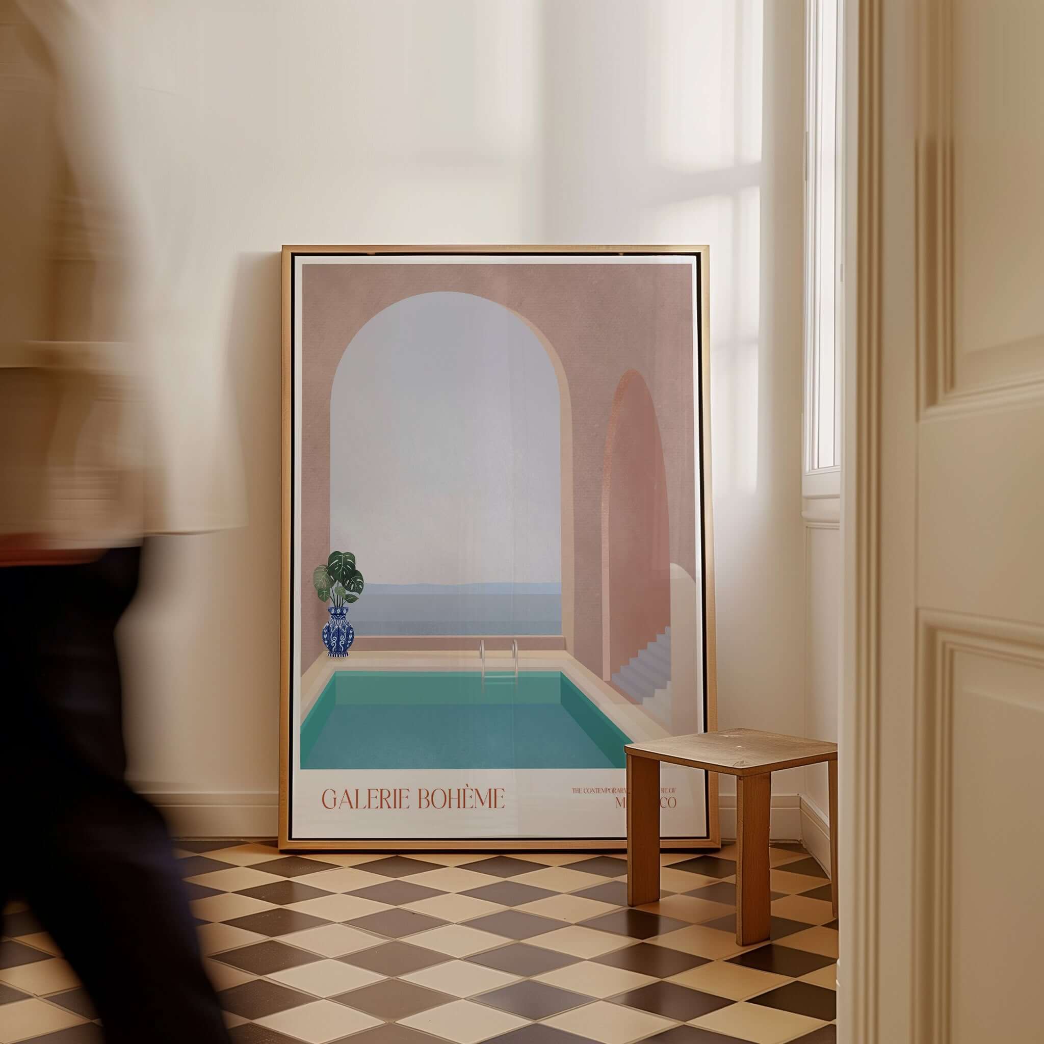 Galerie Bohème Moroccan Pool Ocean Archway Art Print Mediterranean Poster showcasing tranquil architecture and a turquoise pool.