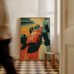 Framed vintage race car wall art resting on floor in stylish home interior