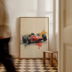 Framed canvas print of a classic red race car on checkered floor, home interior wall art