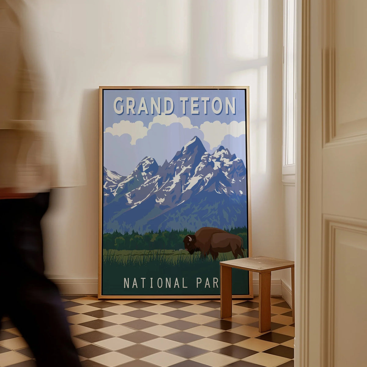 Grand Teton National Park framed wall art print with mountains and bison, hallway decor