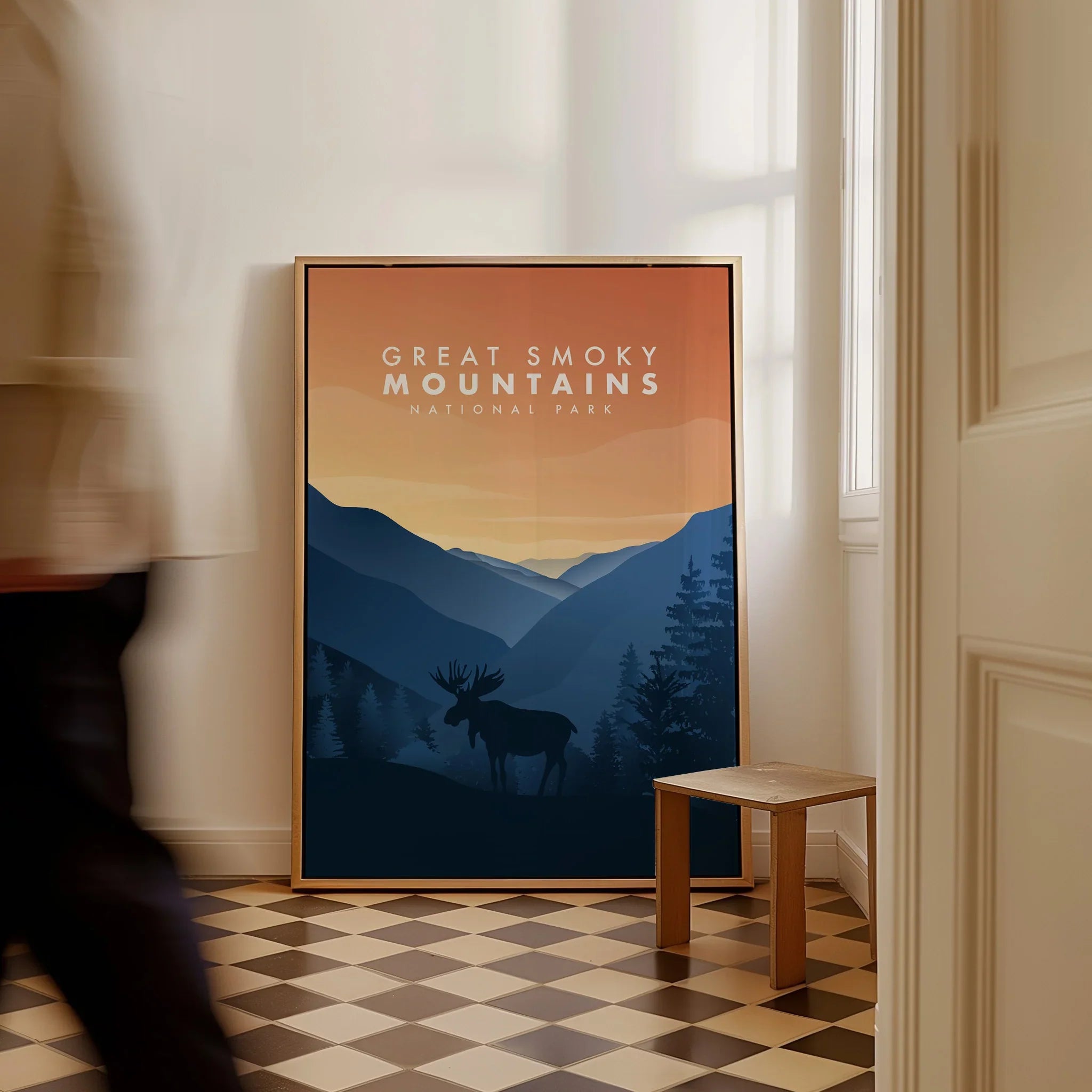 Framed Great Smoky Mountains National Park travel poster with moose and mountain silhouette