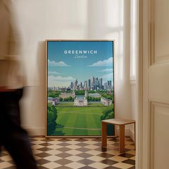 Greenwich London travel poster framed on floor, city skyline wall art, man walking past