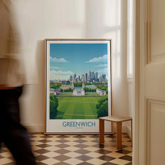 Greenwich London travel poster wall art in frame, resting on floor in a modern hallway