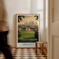 Greenwich London travel poster in frame on floor, city skyline art, home hallway decor