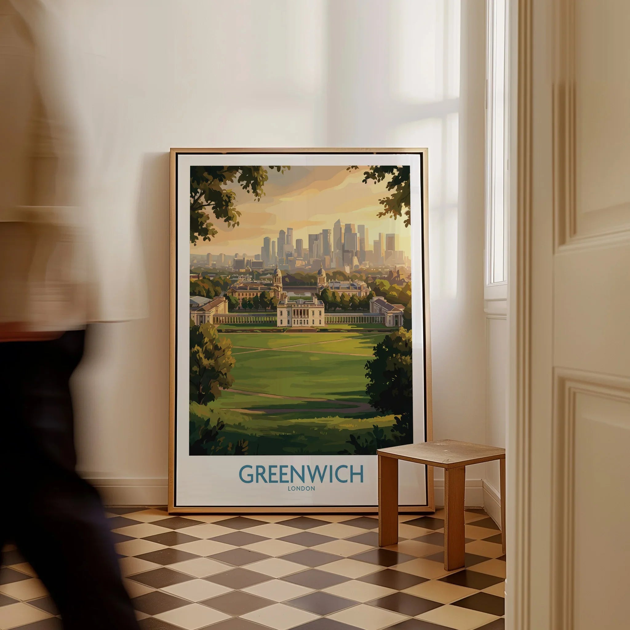 Greenwich London travel poster in frame on floor, city skyline art, home hallway decor