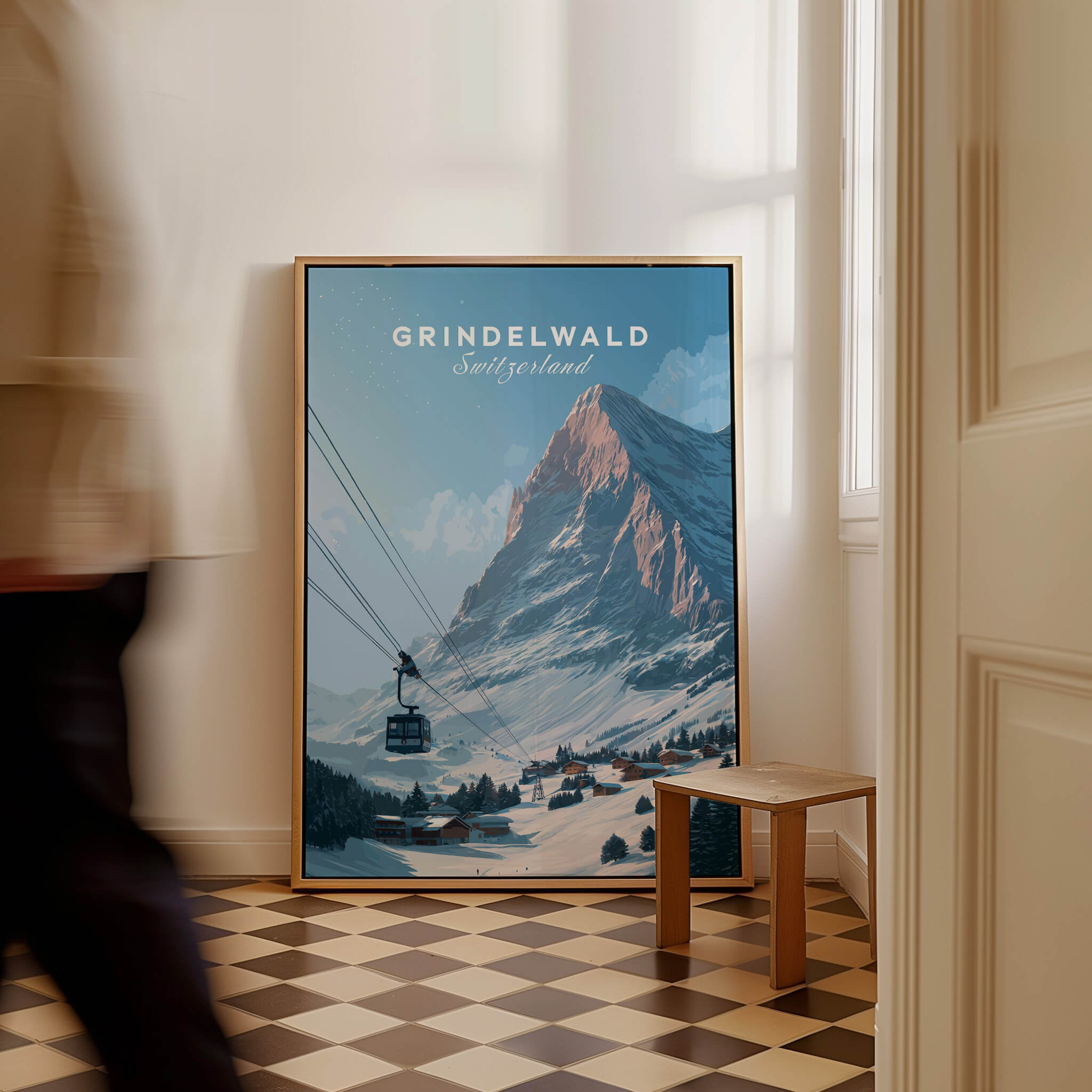 Grindelwald Switzerland Wall Art Print | Alpine Cable Car Travel Posters in a cozy interior setting.