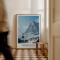 Grindelwald Switzerland Poster | Snowy Alps Mountain Scene Canvas Print displayed in a stylish interior setting.