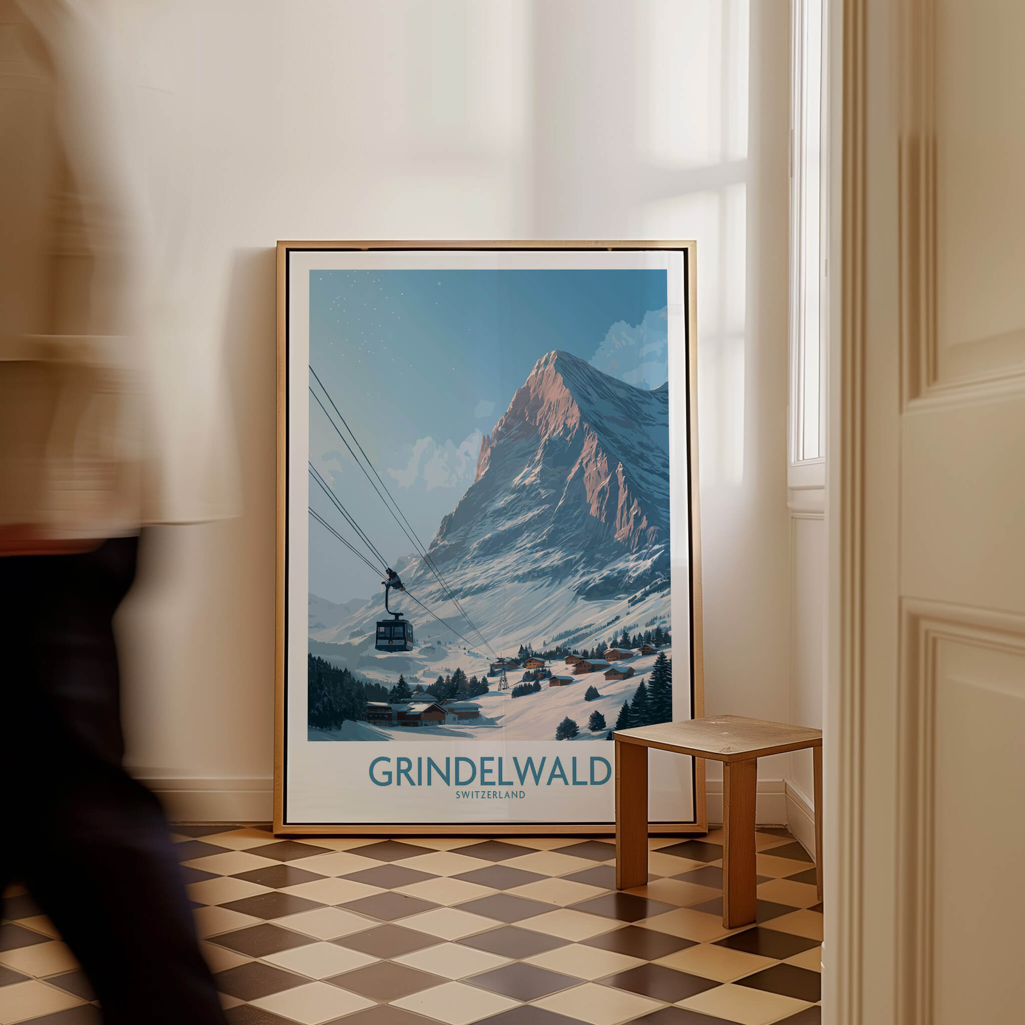 Grindelwald Switzerland Poster | Snowy Alps Mountain Scene Canvas Print displayed in a stylish interior setting.