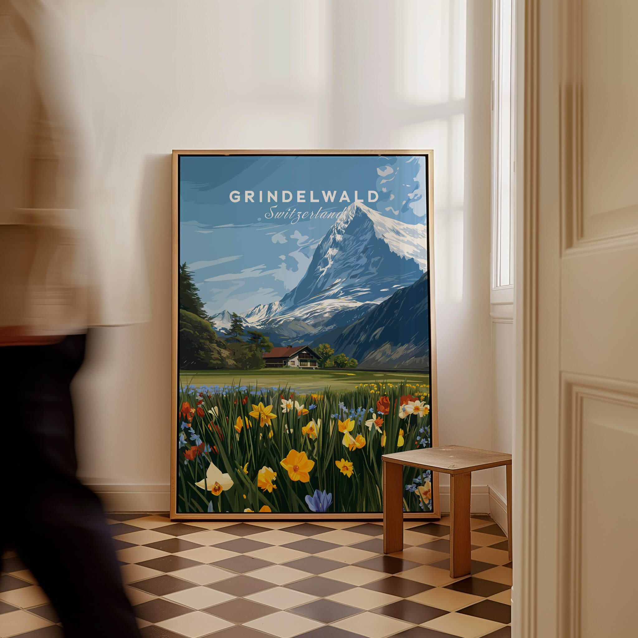 Grindelwald Switzerland Travel Poster | Alpine Wildflower Meadow Wall Art Print featuring vibrant mountain scenery and flowers.