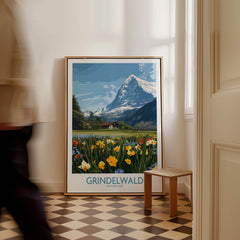 Grindelwald Switzerland Canvas Print | Scenic Swiss Village Landscape Poster displayed in a stylish interior setting.