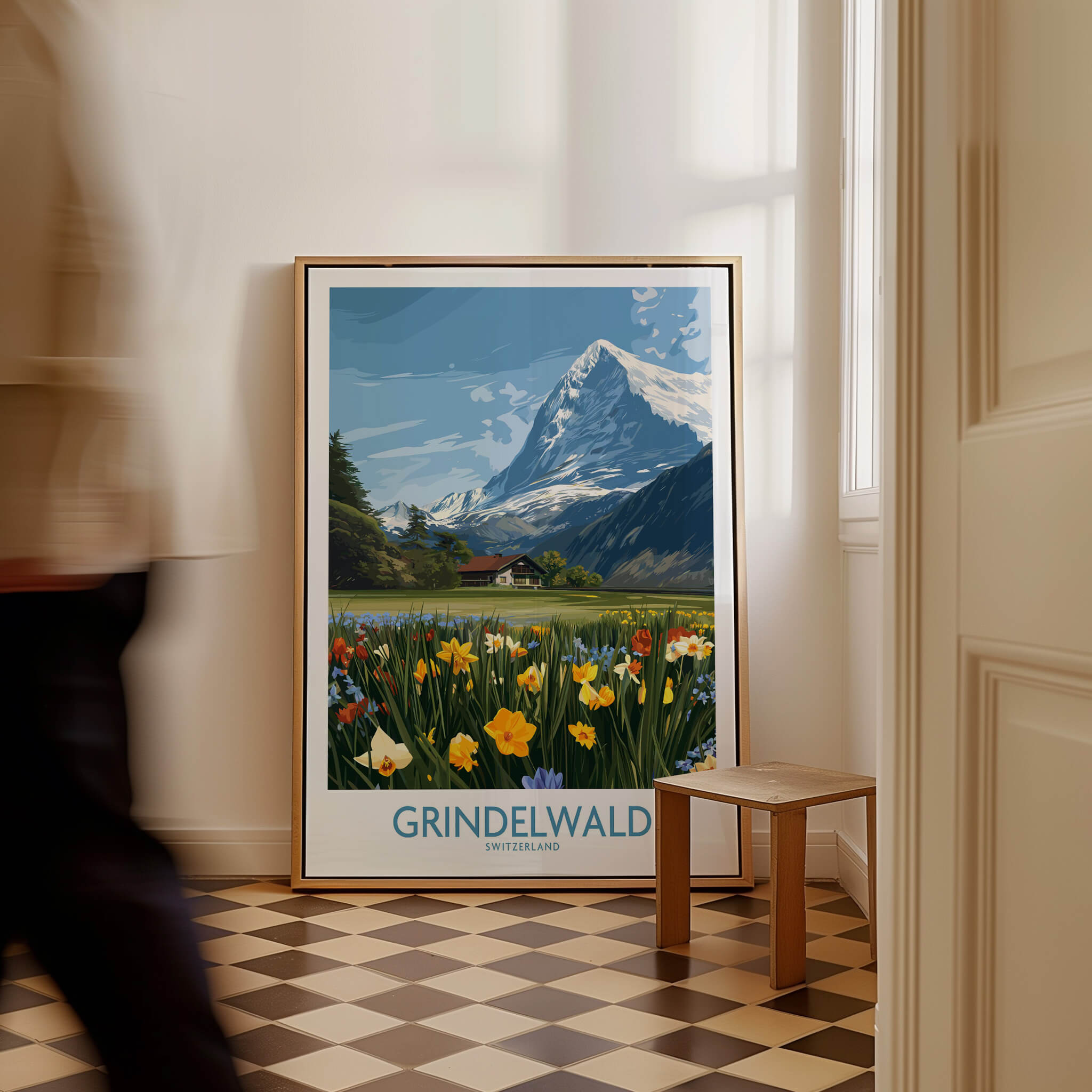 Grindelwald Switzerland Canvas Print | Scenic Swiss Village Landscape Poster displayed in a stylish interior setting.