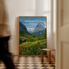 Grindelwald Switzerland Wall Art Print | Summer Alps Nature Travel Posters in a room with checkered floor