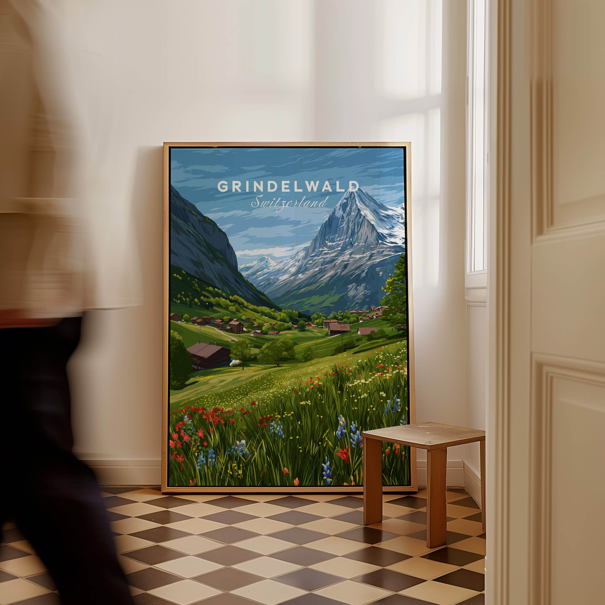 Grindelwald Switzerland Wall Art Print | Summer Alps Nature Travel Posters in a room with checkered floor