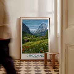 Grindelwald Switzerland Posters | Lush Green Mountain Valley Canvas Print displayed in a cozy room.