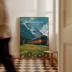 Grindelwald Switzerland Travel Poster | Iconic Mountain Railway Wall Art Print showcasing scenic Swiss landscape with a historic train.