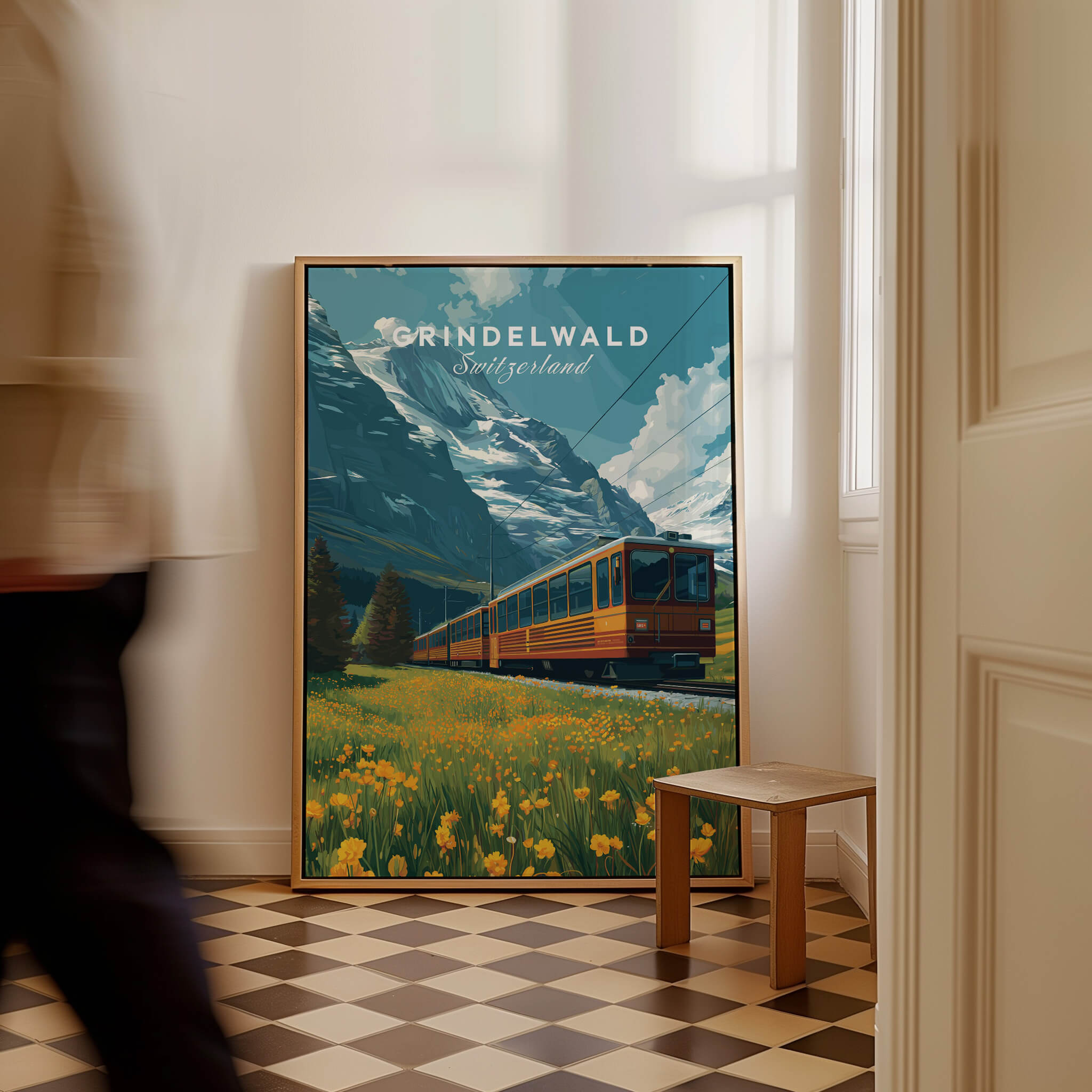 Grindelwald Switzerland Travel Poster | Iconic Mountain Railway Wall Art Print showcasing scenic Swiss landscape with a historic train.