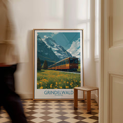 Grindelwald Switzerland Canvas Print | Swiss Alps Train Railway Scene Poster featuring a scenic train journey through mountains.