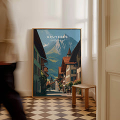 Gruyères Switzerland Wall Art Print | Medieval Village Street Travel Poster displayed in a stylish interior setting.