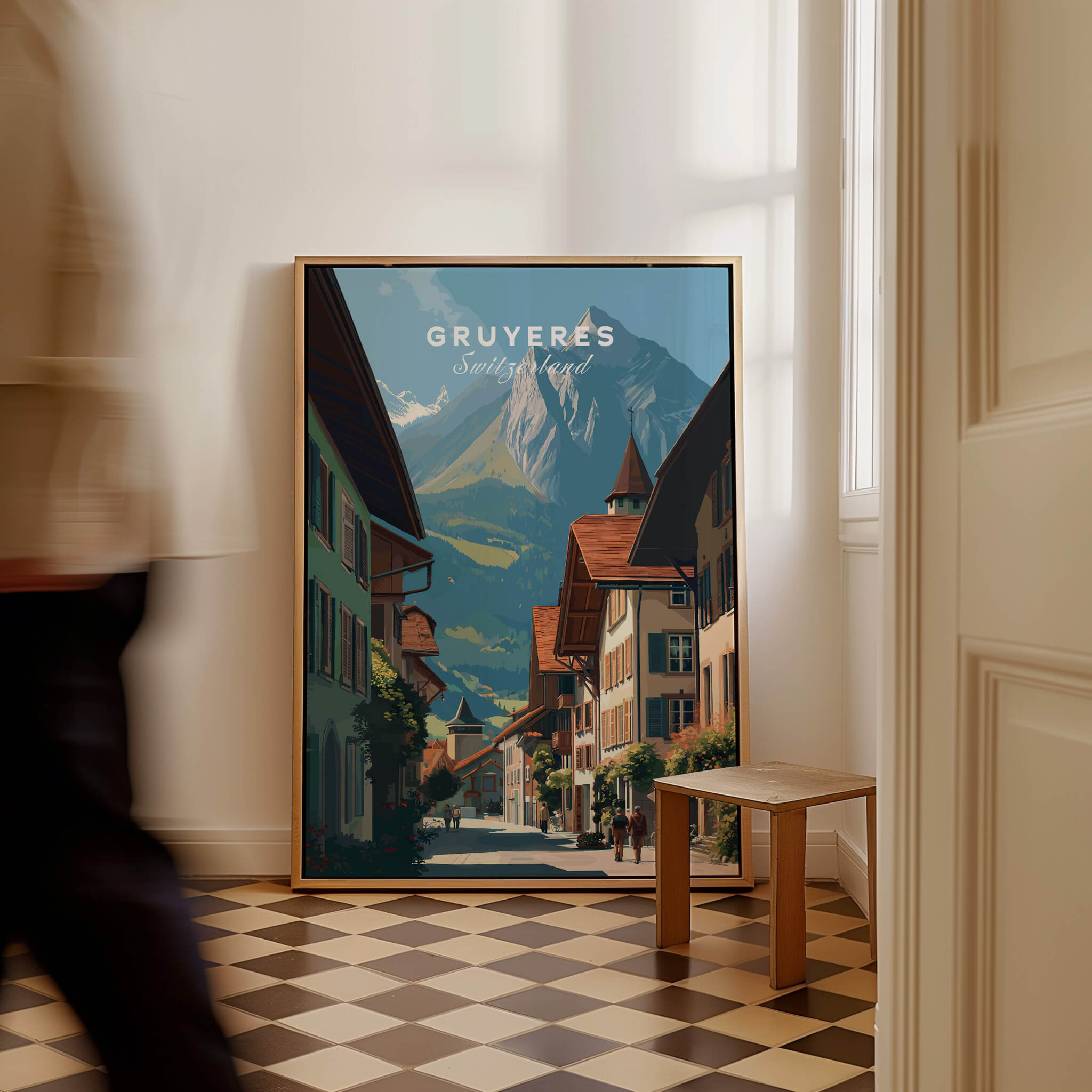 Gruyères Switzerland Wall Art Print | Medieval Village Street Travel Poster displayed in a stylish interior setting.