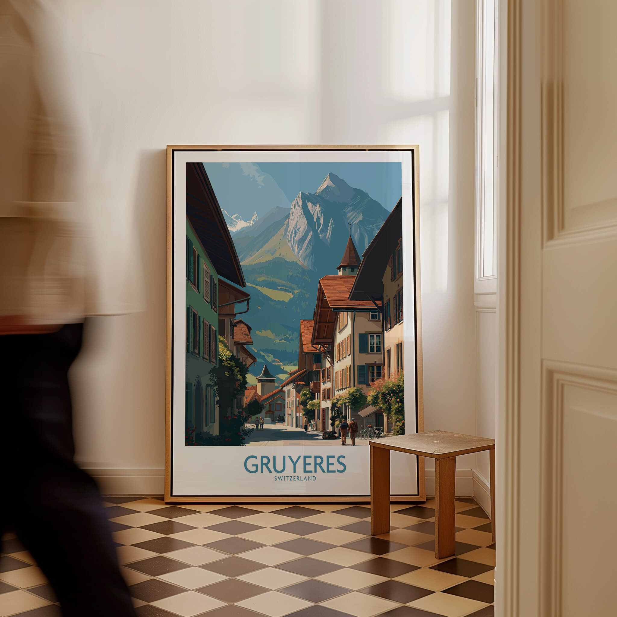 Gruyères Switzerland Poster | Historic European Town Architecture Canvas Print in a cozy interior setting.