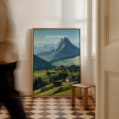 Gruyères Switzerland Travel Poster | Mountain Landscape Wall Art Print displayed in a modern interior setting.
