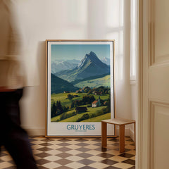 Gruyères Switzerland Canvas Print | Charming Swiss Countryside Scenery Poster displayed in an elegant interior.