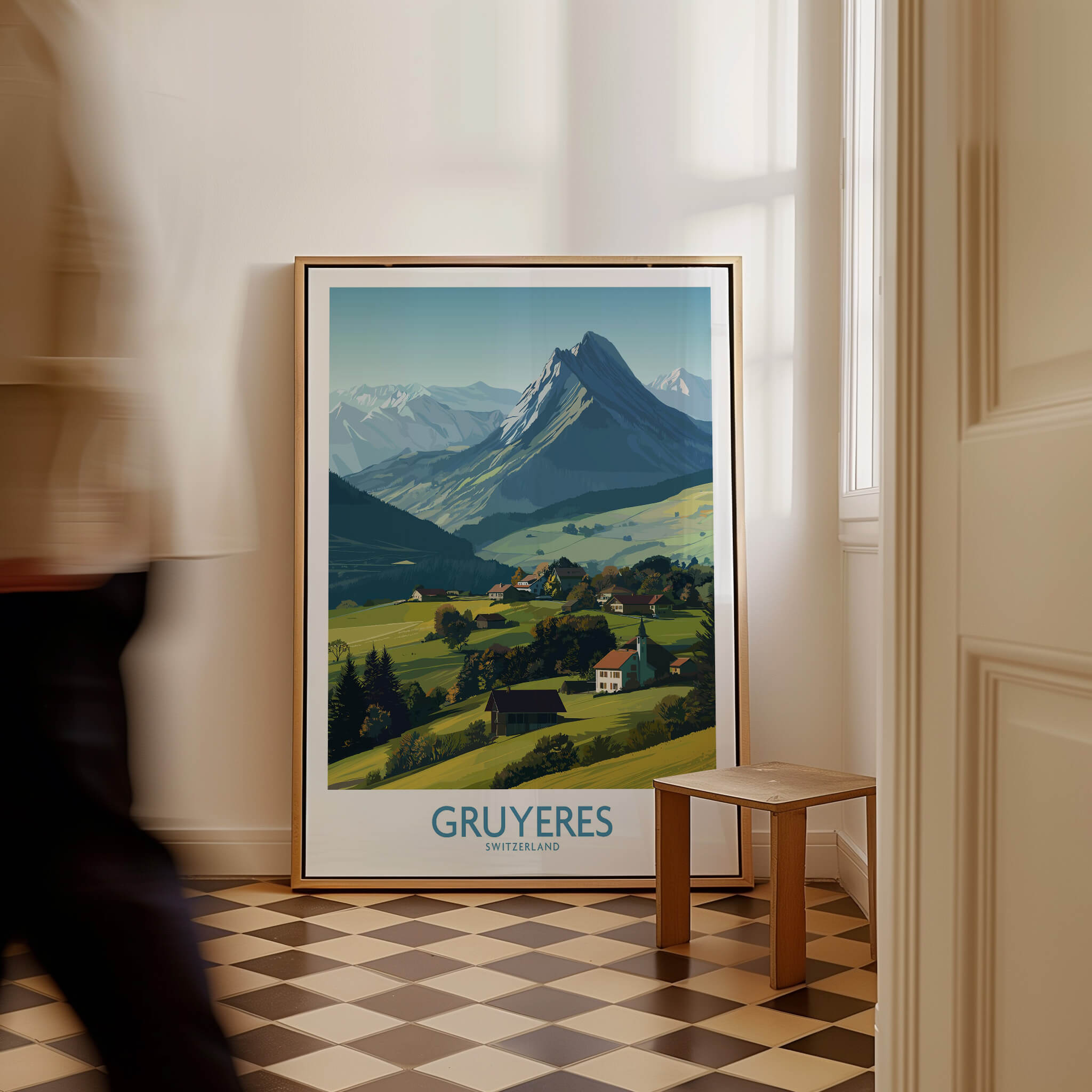 Gruyères Switzerland Canvas Print | Charming Swiss Countryside Scenery Poster displayed in an elegant interior.