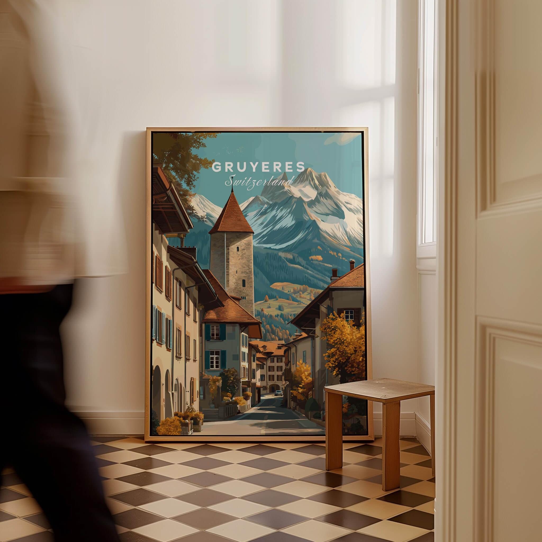 Gruyères Switzerland Wall Art Print | Swiss Travel Poster showcasing a medieval village with alpine backdrop.