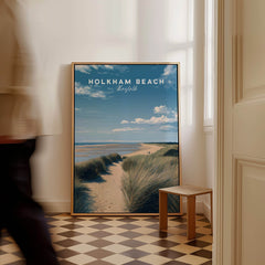Holkham Beach Norfolk Wall Art Print | Coastal Sand Dunes Travel Poster displayed in a modern interior setting.