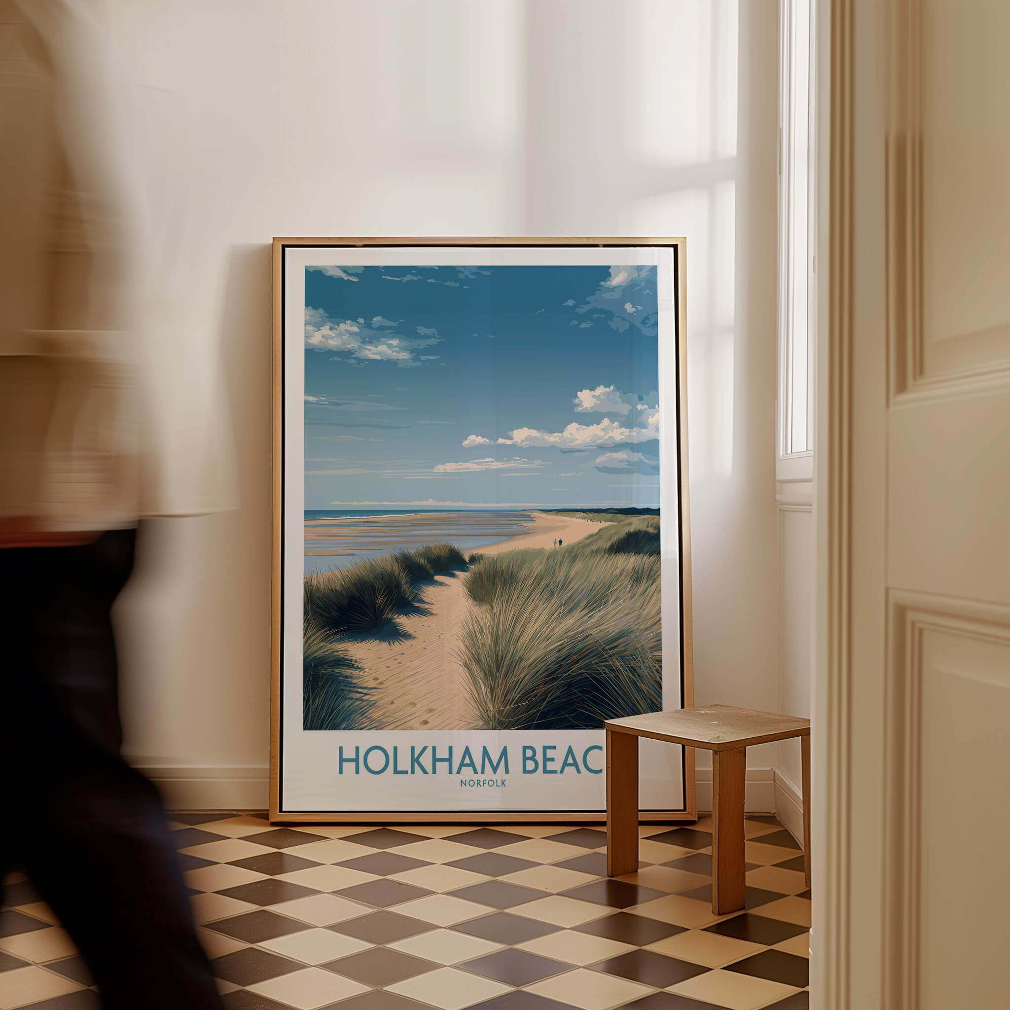 Holkham Beach Norfolk Poster | North Norfolk Shoreline Nature Canvas Print displayed in a stylish interior setting.