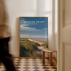 Holkham Beach Norfolk Travel Poster | Serene Beach Pathway Wall Art Print displayed in a stylish interior setting.