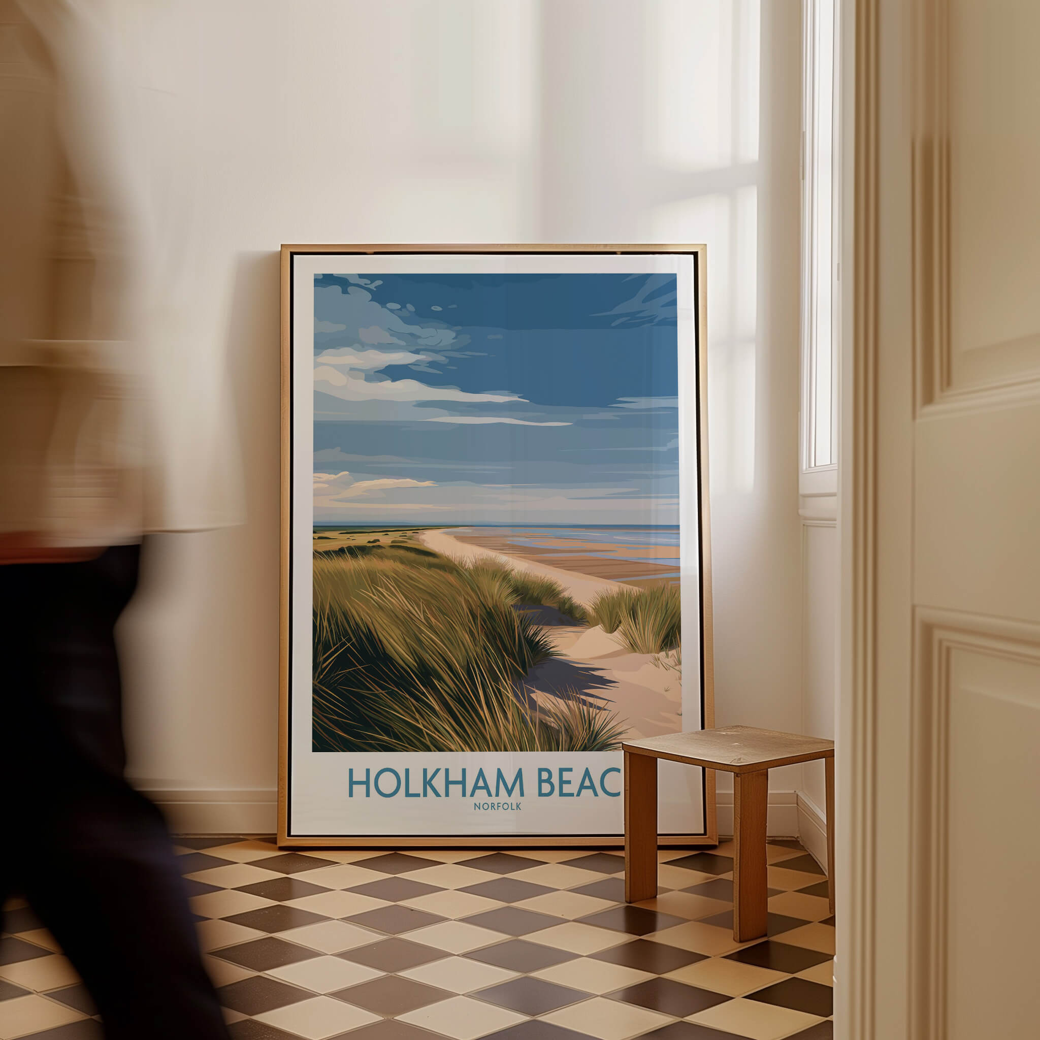 Holkham Beach Norfolk Canvas Print | Minimalist British Seaside Landscape Poster in a modern interior setting.