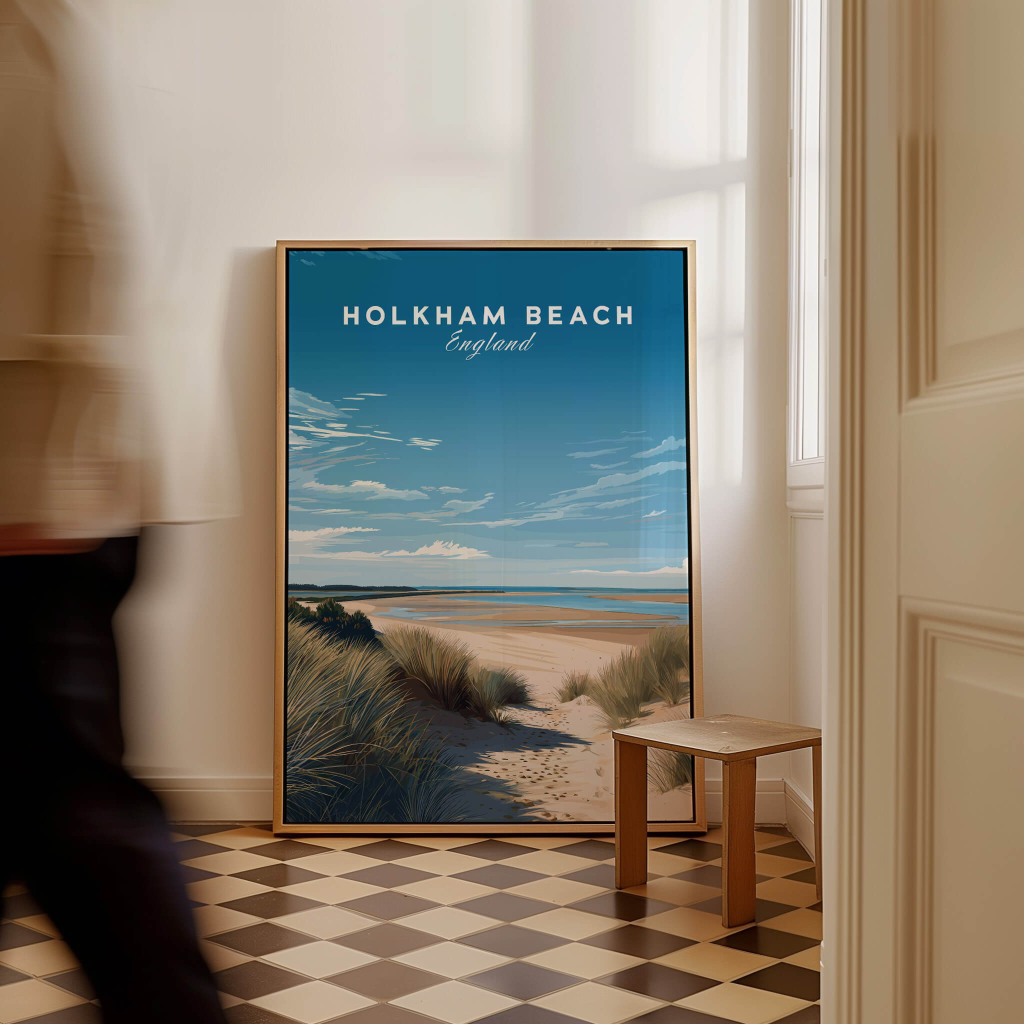 Holkham Beach Norfolk Wall Art Print | British Beach Travel Poster in a stylish home setting