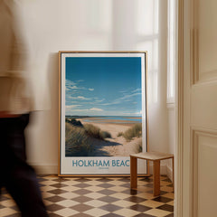 Holkham Beach Norfolk Poster | Serene Coastal Landscape Canvas Print displayed in a cozy home interior setting.