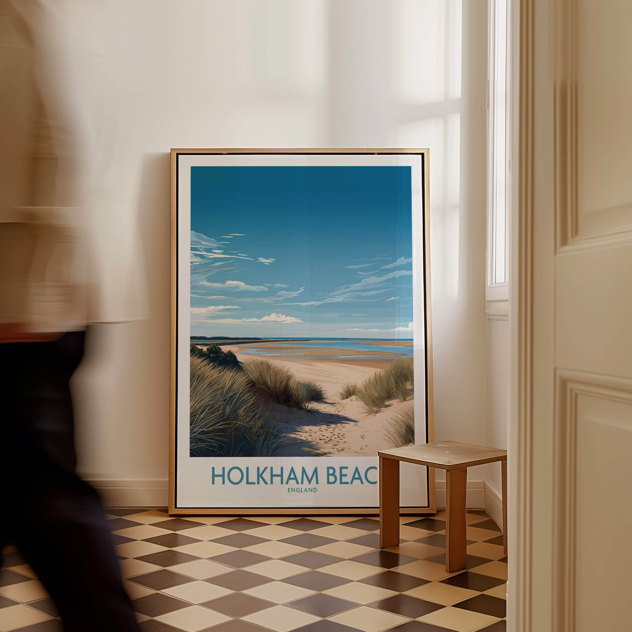 Holkham Beach Norfolk Poster | Serene Coastal Landscape Canvas Print displayed in a cozy home interior setting.