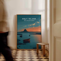 Holy Island Northumberland Wall Art Print | Lindisfarne Sunset Travel Poster displayed in a stylish interior setting.