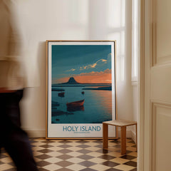 Holy Island Northumberland Poster | Coastal Castle Sunset Canvas Print displayed in a stylish interior setting.