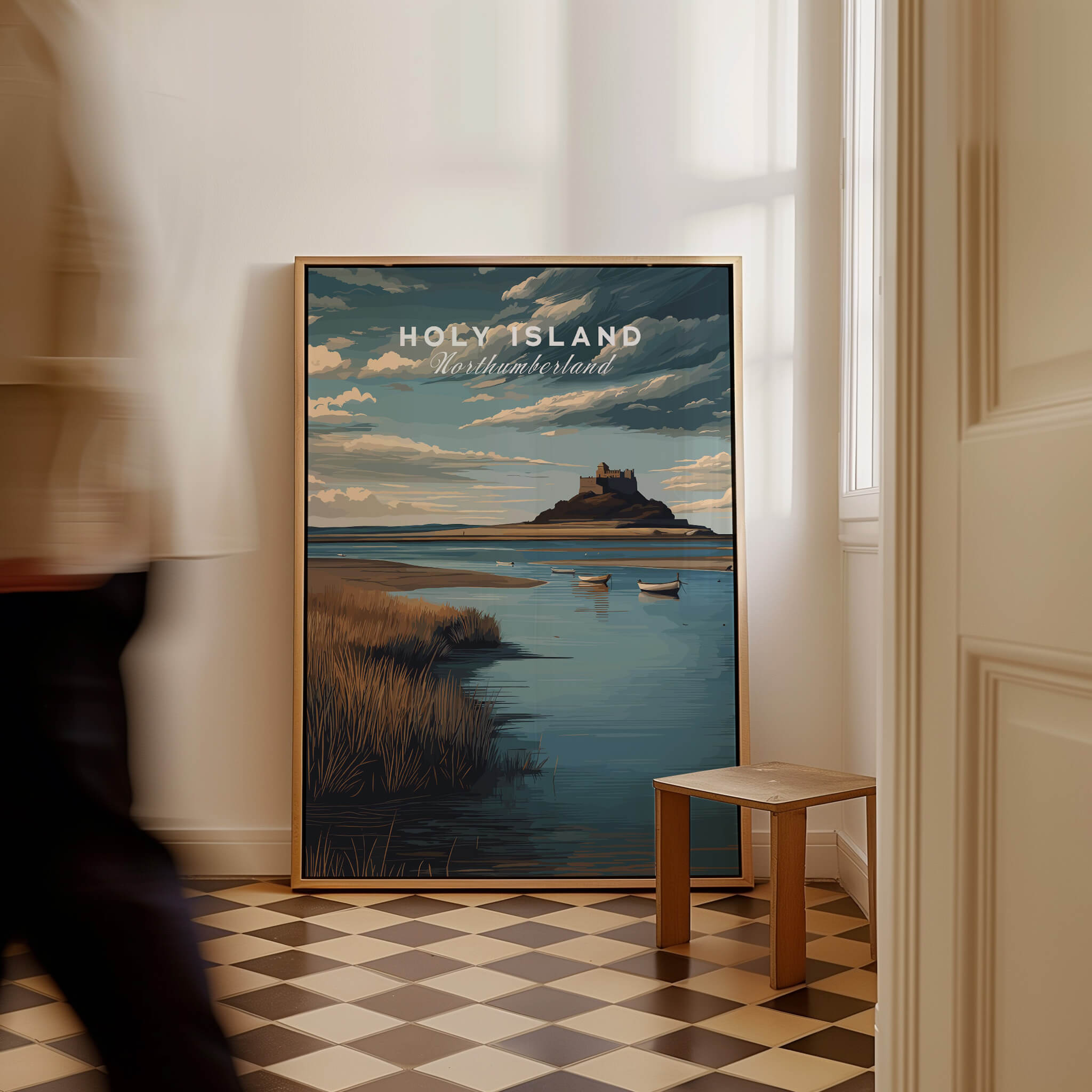 Holy Island Northumberland Travel Poster | Lindisfarne Castle Wall Art Print featuring scenic views of the castle.