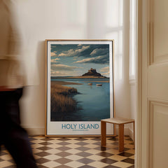 Holy Island Northumberland Poster | Historic England Coast Canvas Print displayed in a stylish interior with water and landscape.