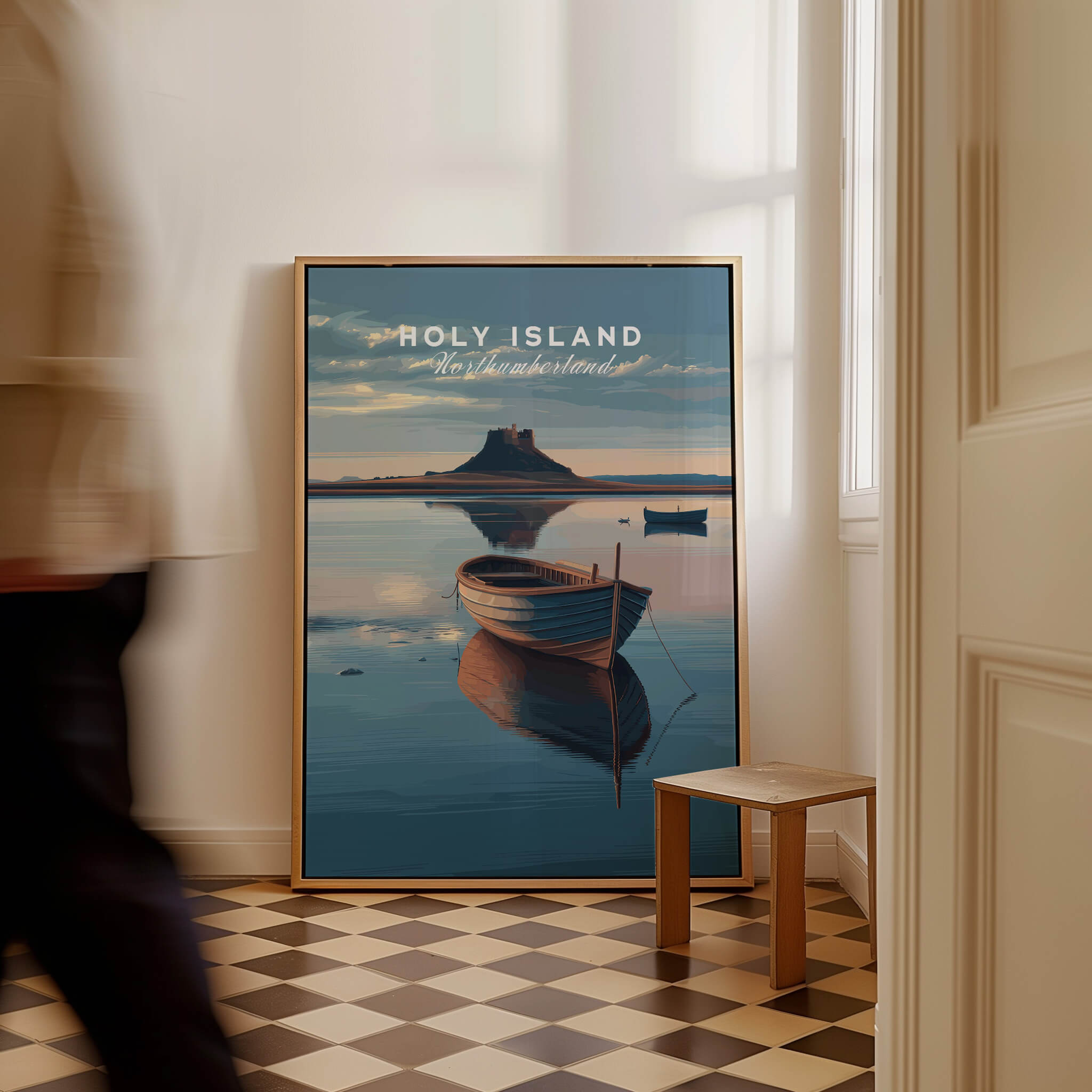 Holy Island Northumberland Wall Art Print | Serene Boat Scene Travel Poster featuring a tranquil boat and scenic landscape.