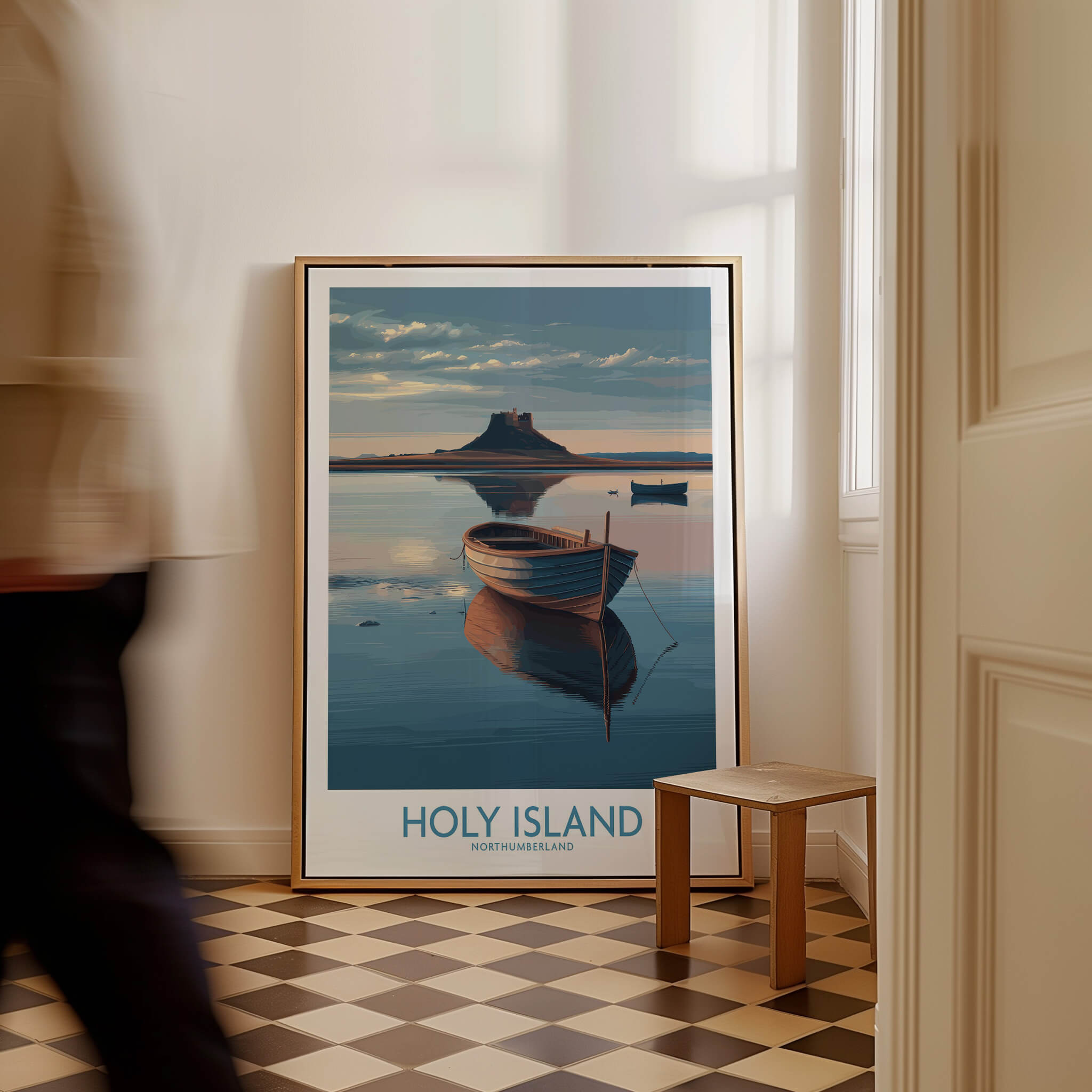 Holy Island Poster Northumberland | Lindisfarne Canvas Print featuring a tranquil boat scene in a stylish interior.