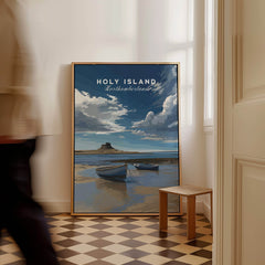 Holy Island Travel Poster Northumberland | Coastal Landscape Wall Art Print showcasing a serene coastal scene with boats.
