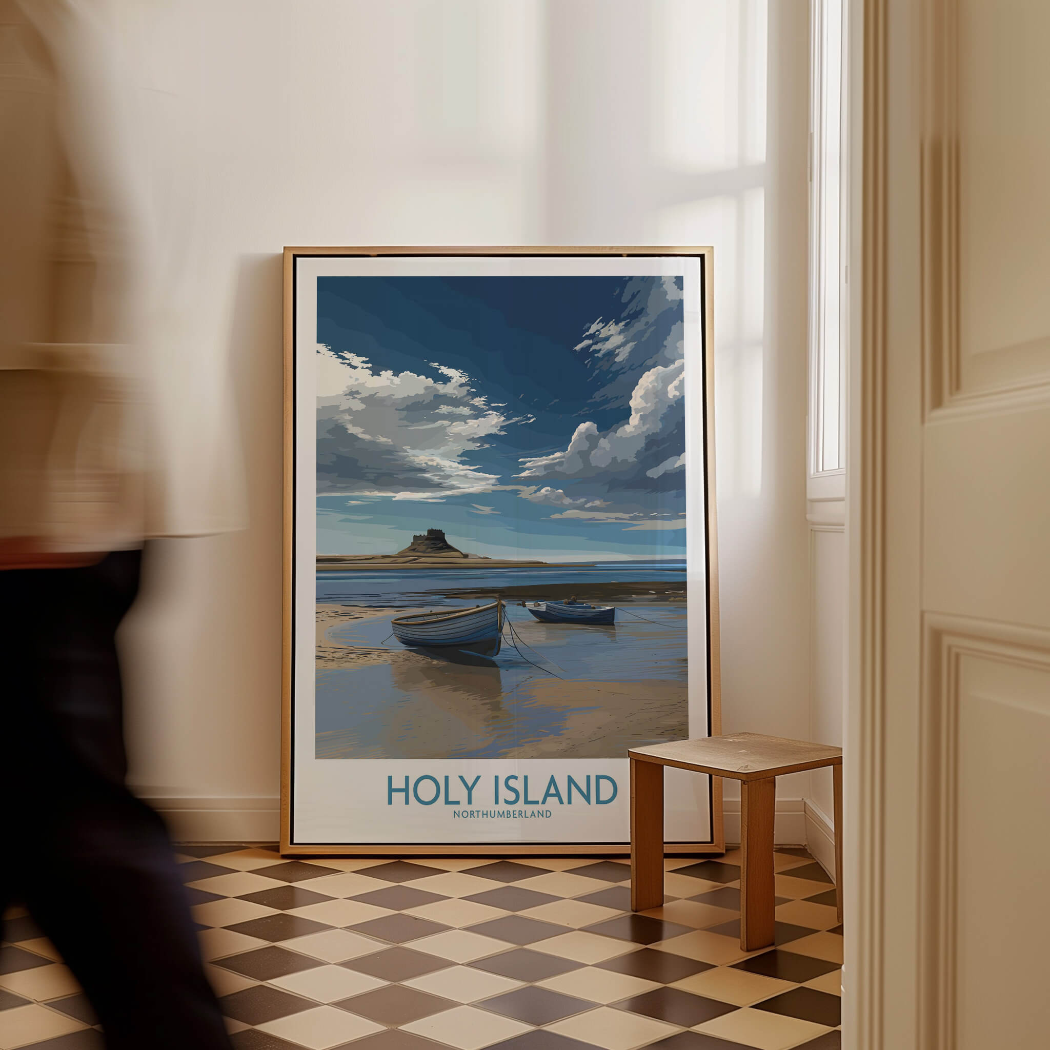 Holy Island Northumberland Poster | North Sea Coast Canvas Print featuring boats and dramatic skies in a stylish interior.