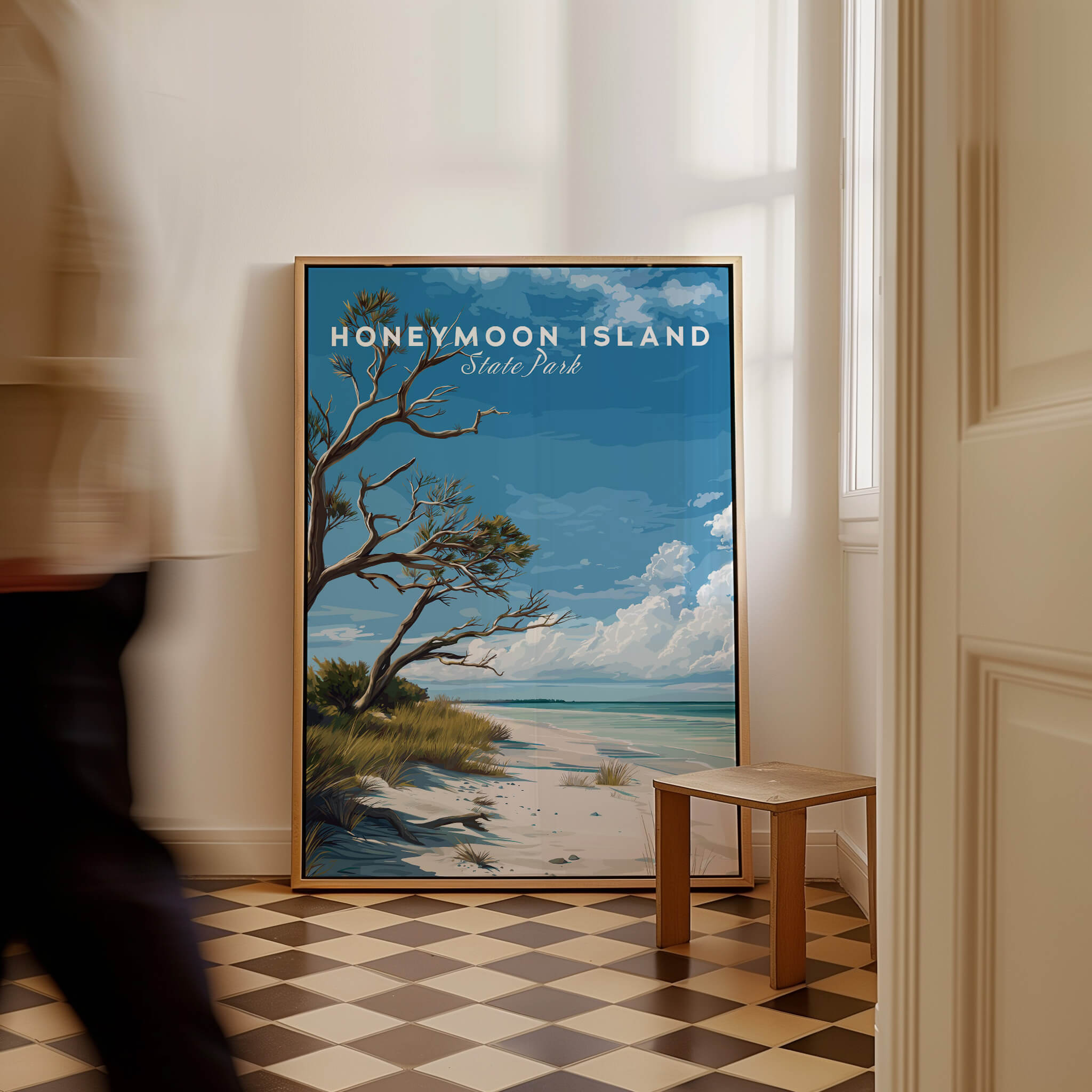 Honeymoon Island Wall Art Print | Florida Tropical Beach Travel Poster displayed in a stylish interior setting.