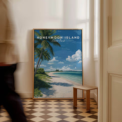 Honeymoon Island Travel Poster | Florida Beach Wall Art Print showcasing a serene coastal scene with palm trees.