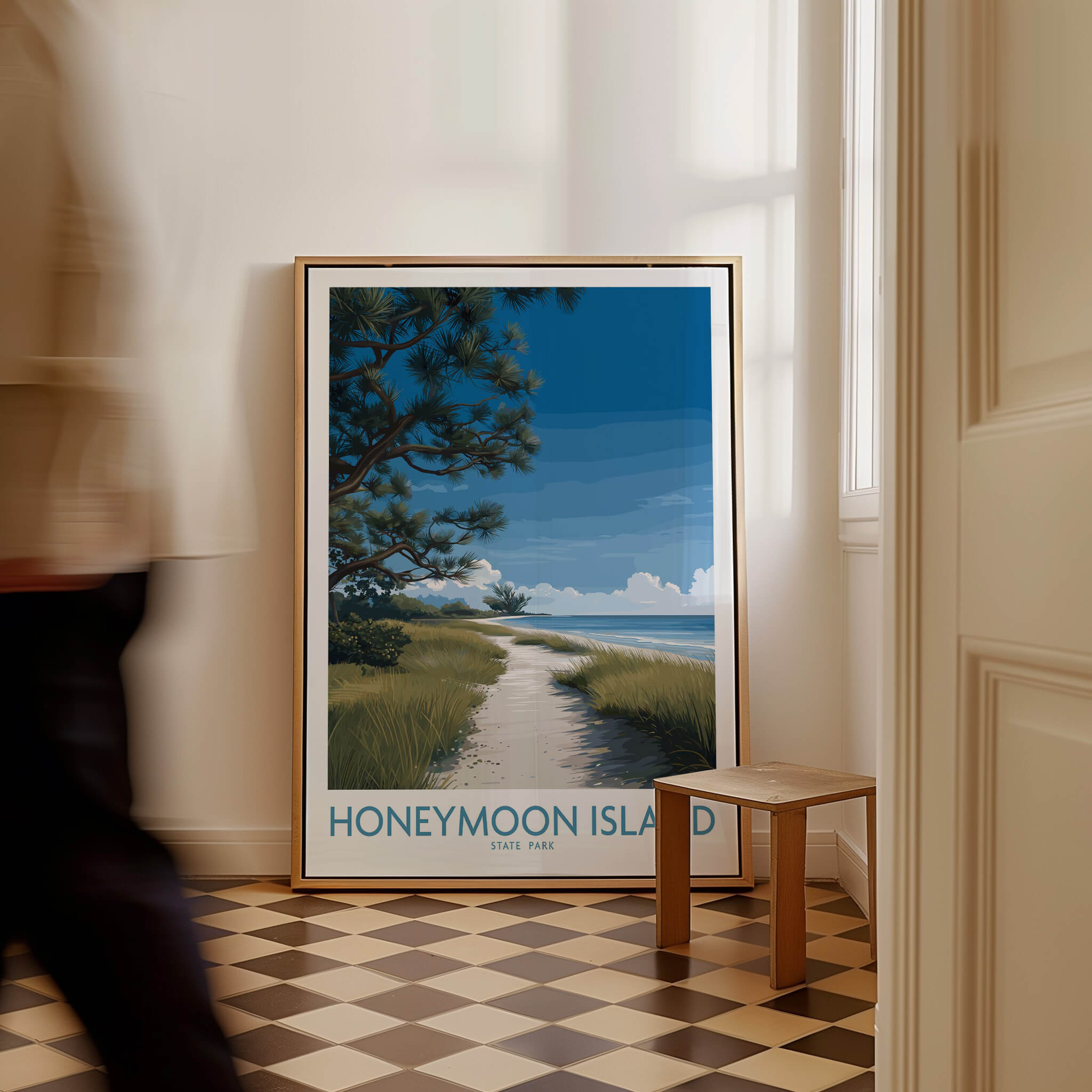 Honeymoon Island Florida Poster | Gulf Coast Landscape Canvas Print displayed in a room with a vintage design.