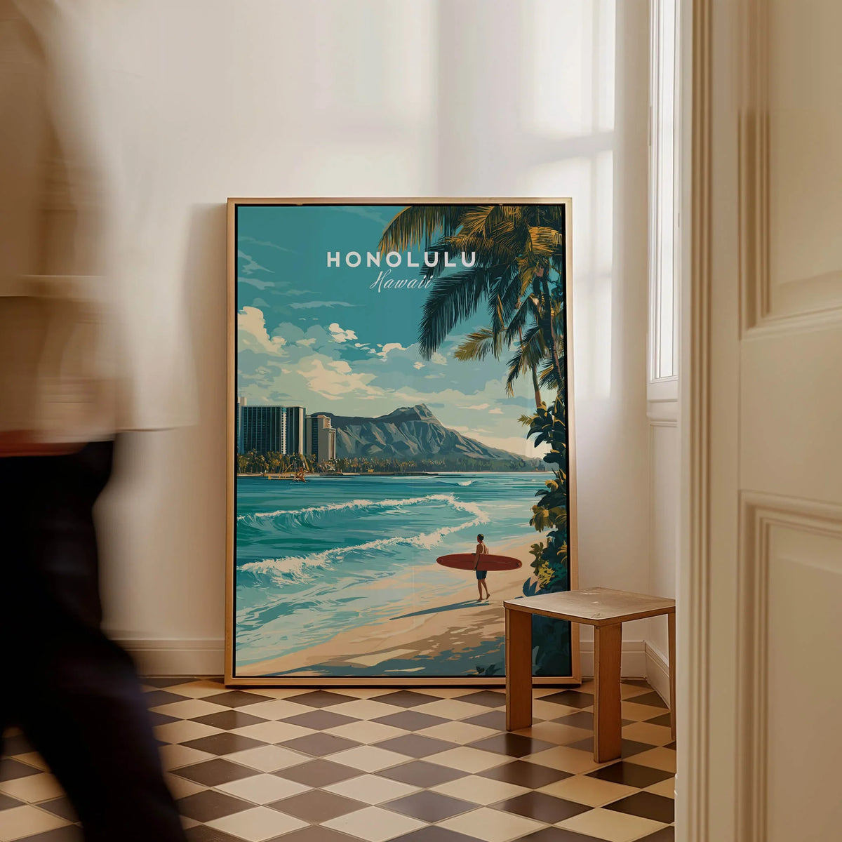 Honolulu Wall Art Print | Waikiki Beach Hawaii Travel Poster featuring a surfer in a tropical setting.