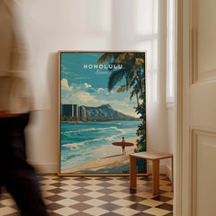 Honolulu Wall Art Print | Waikiki Beach Hawaii Travel Poster featuring a surfer in a tropical setting.