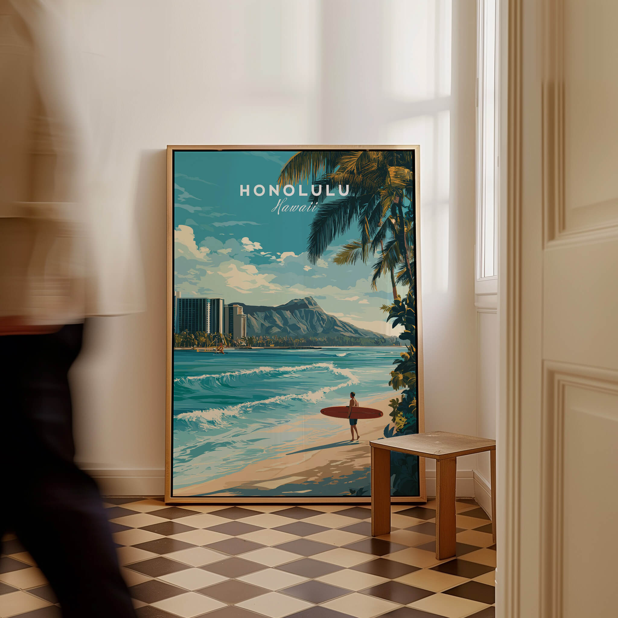 Honolulu Wall Art Print | Waikiki Beach Hawaii Travel Poster featuring a surfer in a tropical setting.